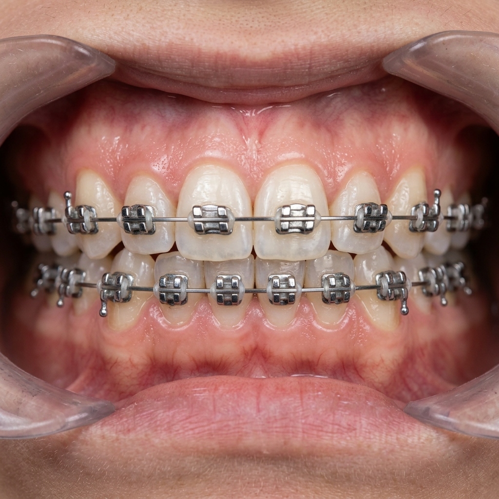 Aparelho ortodôntico metálico instalado nos dentes